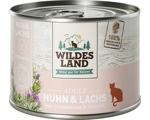 WILDES LAND natvoer voor katten, kip en zalm met veenbessen, met waardevolle superfoods, graanvrij, glutenvrij, 200 g