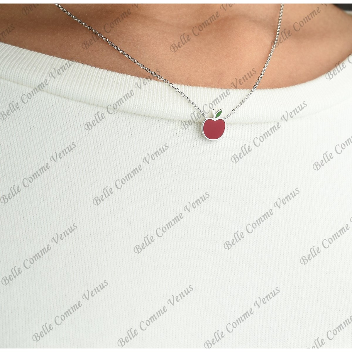 Collier pomme émail coloré rouge et vert Argent 925 Rhodié