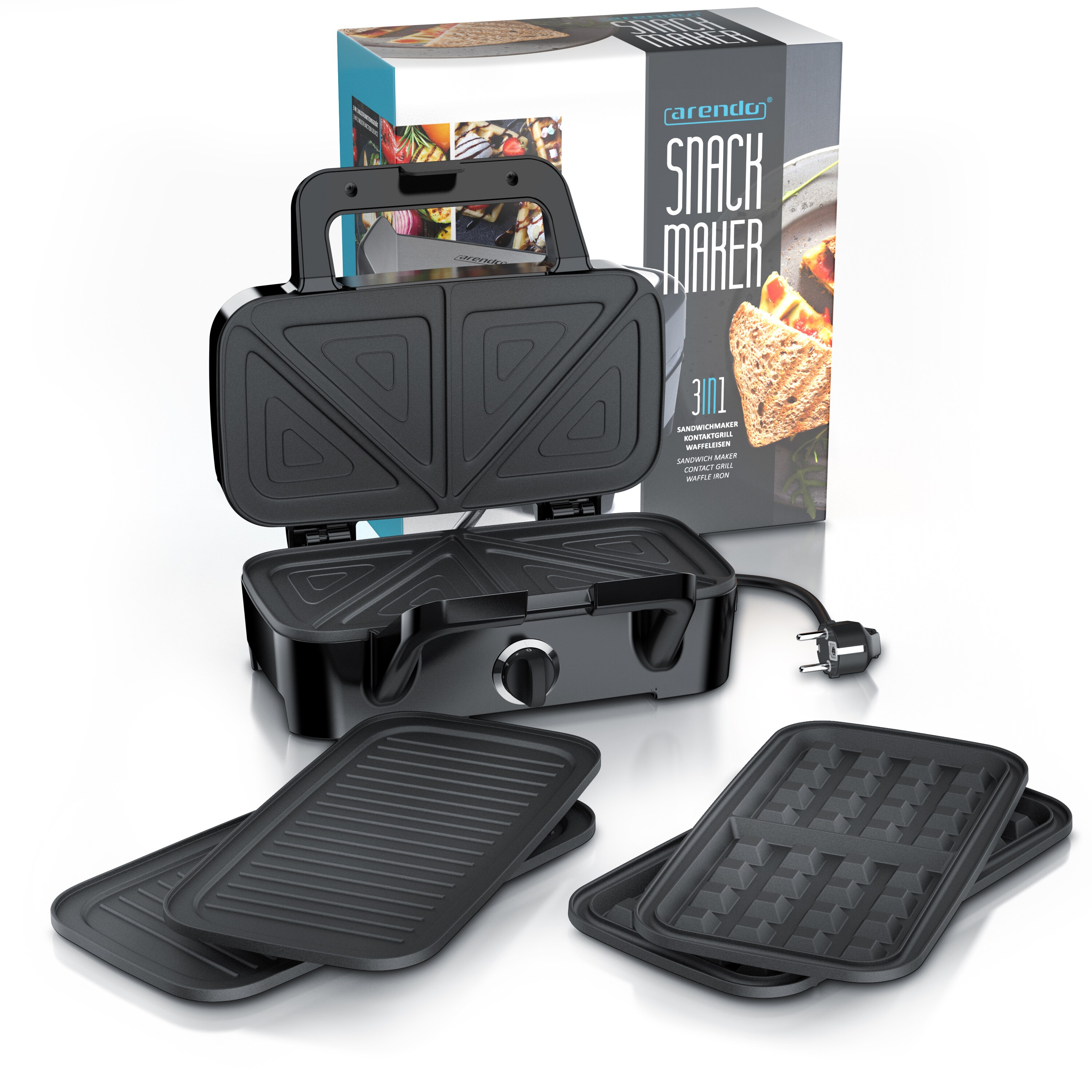 Arendo Sandwichmaker Waffeleisen Kontaktgrill mit abnehmbaren Platten - mit Antihaftbeschichtung - spülmaschinentauglich - BPA frei