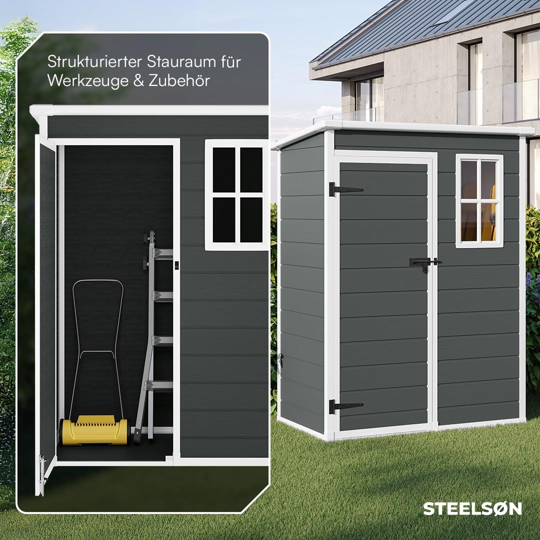 STEELSØN Novara Gerätehaus – Gartenschuppen mit Pultdach & Fenster – Gartenhaus 192x92x151 cm (HxTxB) – Geräteschuppen aus Kunststoff in Anthrazit – Gartenhütte wetterfest & rostfrei – Schuppen
