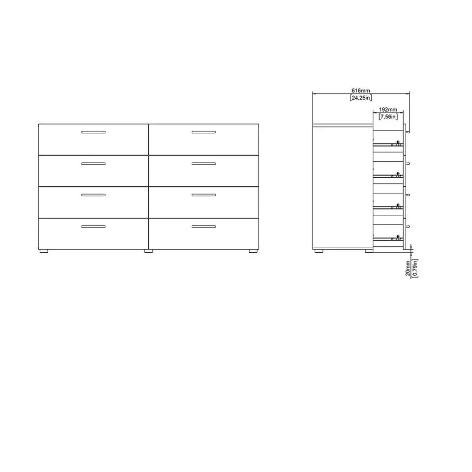 Hioshop Pepe kommode 8 lades eikenstructuur decor- wit hoogglans