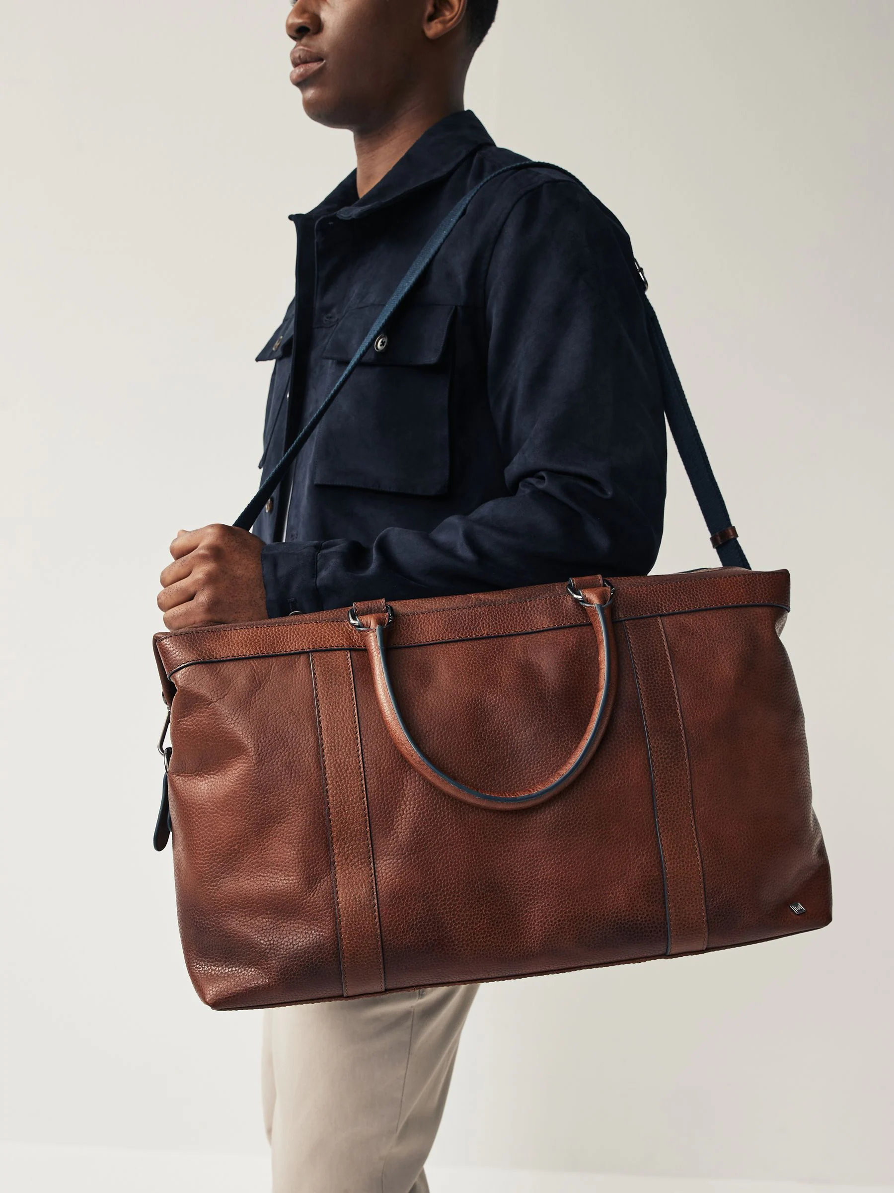Lichtbruin/marineblauw - Leather Weekend Holdall Bag