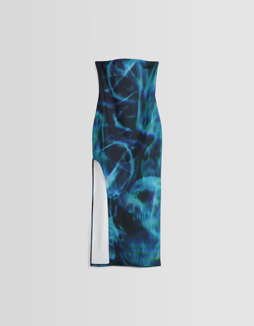 Vestido midi ombro a ombro com estampa