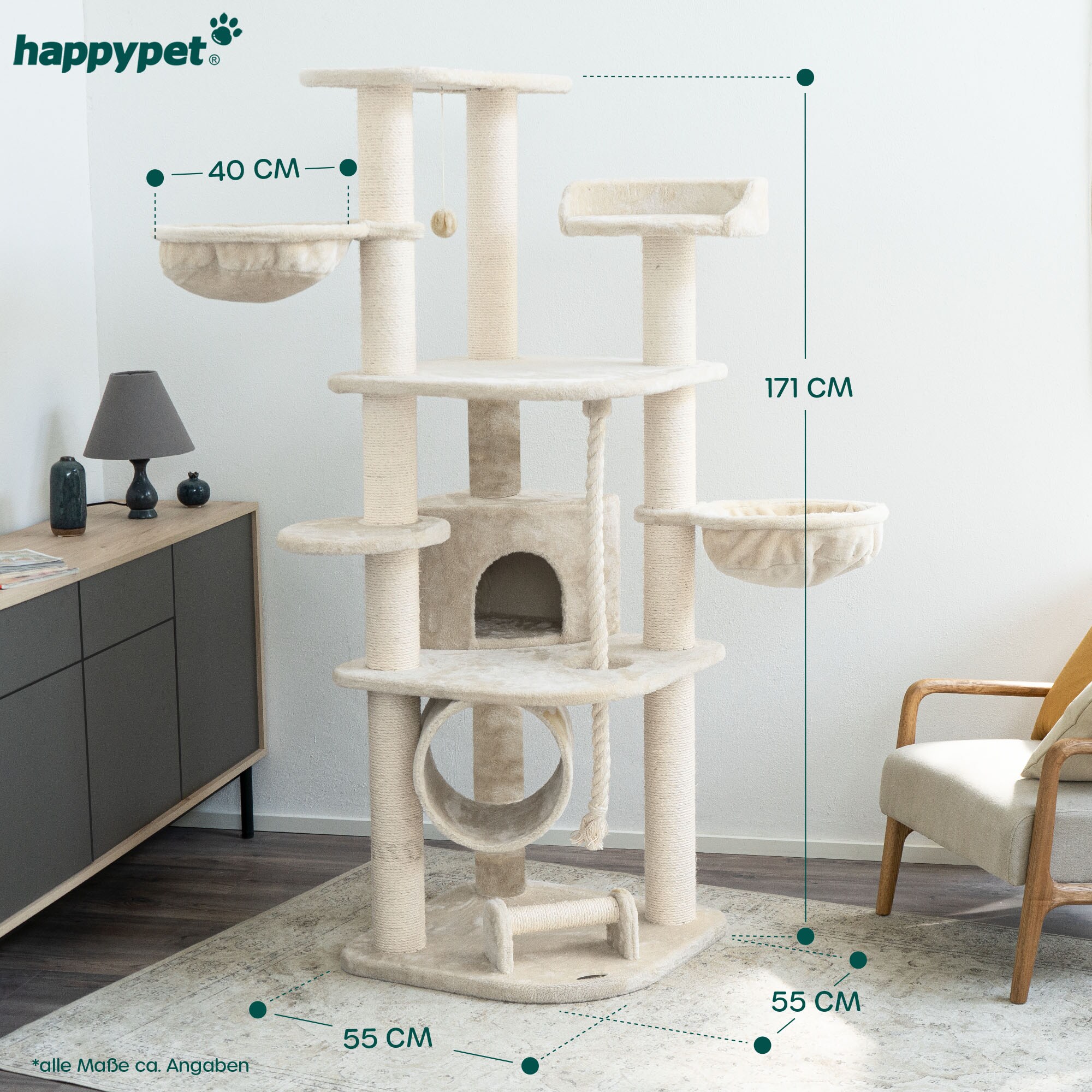 HAPPYPET Großer Kratzbaum Stabil 'Parker' 171 cm - XXL Katzenbaum | Creme