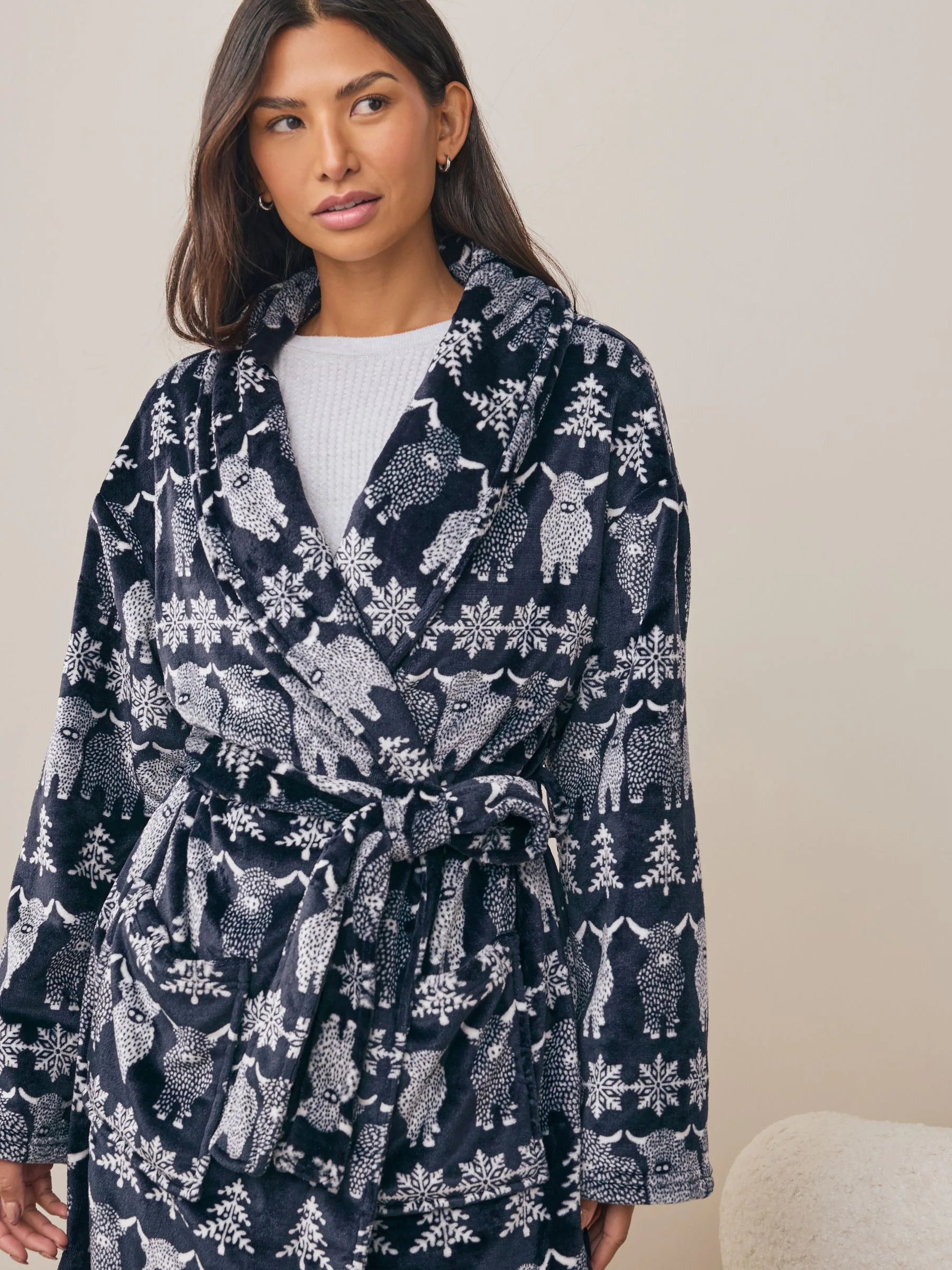 Donkerblauw - Matching Family Christmas Fairisle pattern Hamish The Highland Cow Dressing Gown