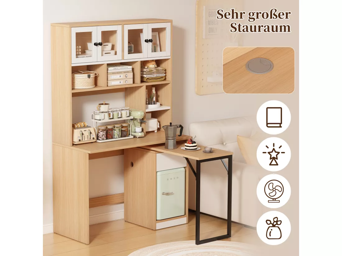 URBAN MEUBLE Bureau effet bois avec étagère rangement tablette rétractable 110*55*180cm