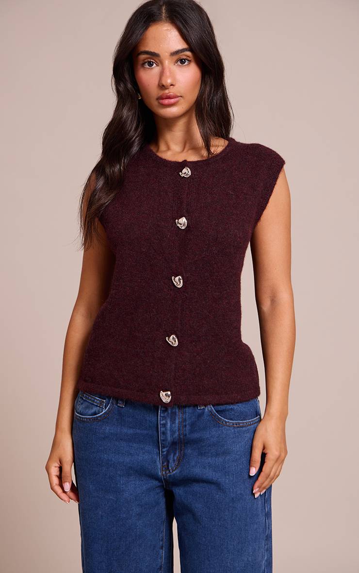 Rouge Bordeaux Gilet Tricoté Boutonné Petite Taille