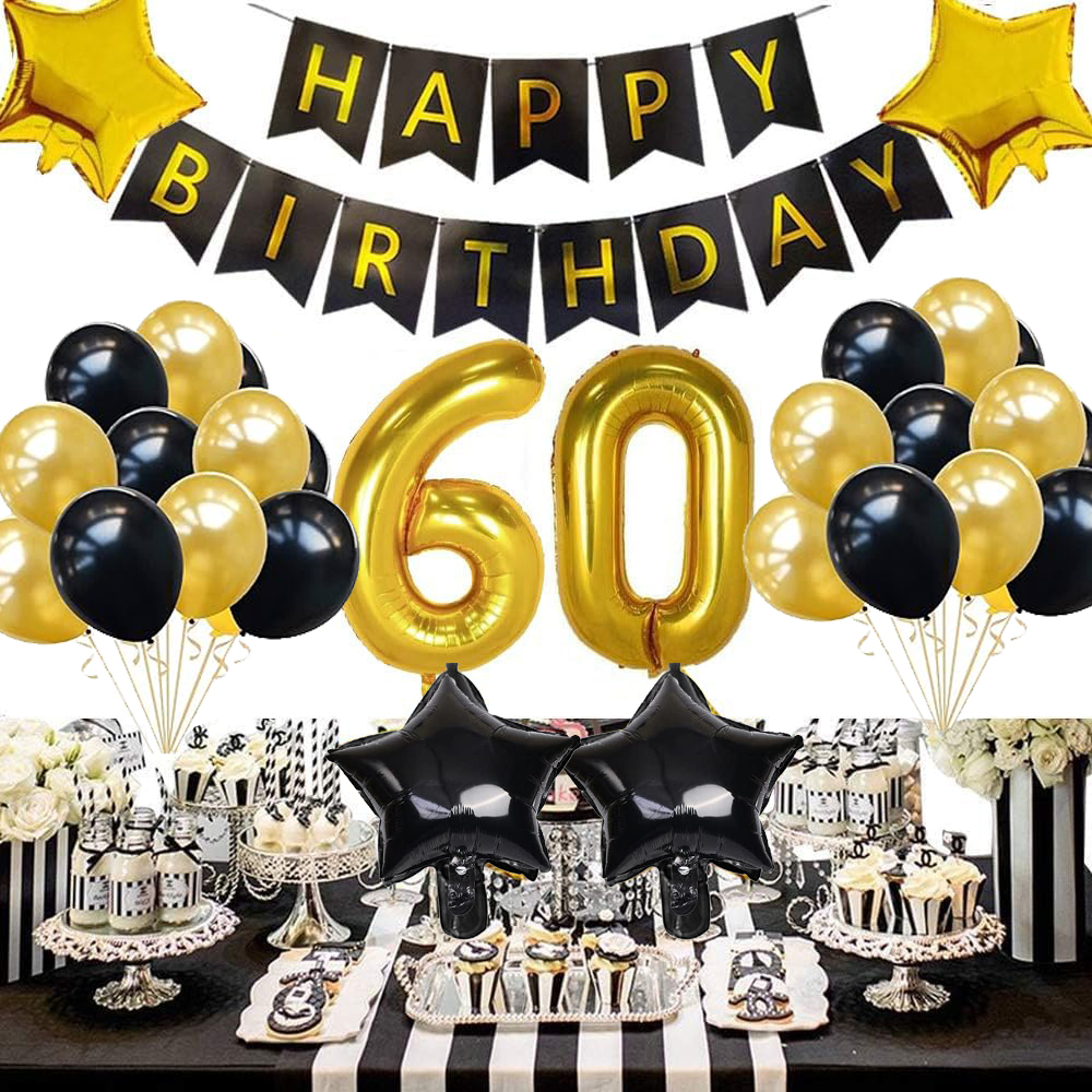 (85-tlg. Set) Happy Birthday Girlande 60. Geburtstag Party Deko   Latex- und Folienballons / Spiralengirlande - Gold / Schwarz