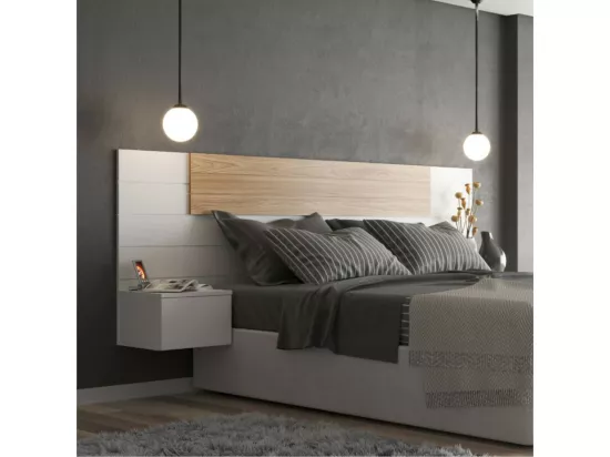 Tête de lit avec chevets 160 cm panneaux de fibres blanc et bois FREEDA