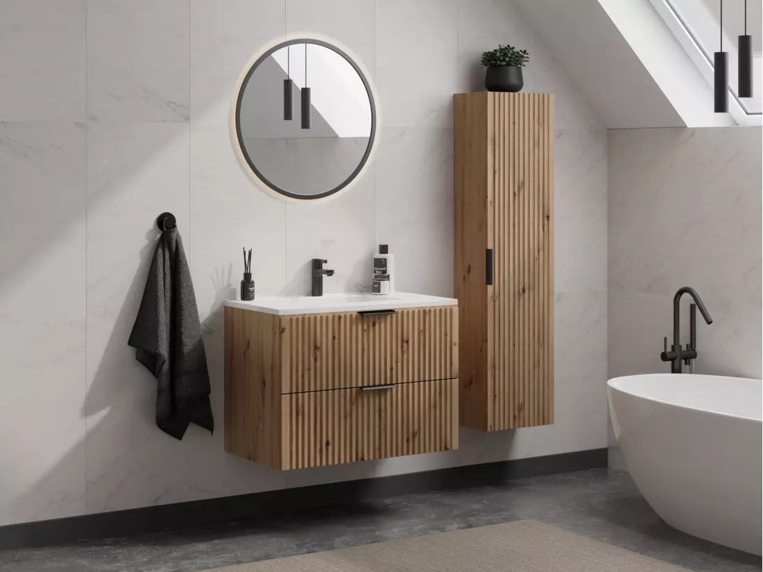 Meuble de salle de bain suspendu strié avec vasque à encastrer - Naturel clair - 80 cm - ZEVARA