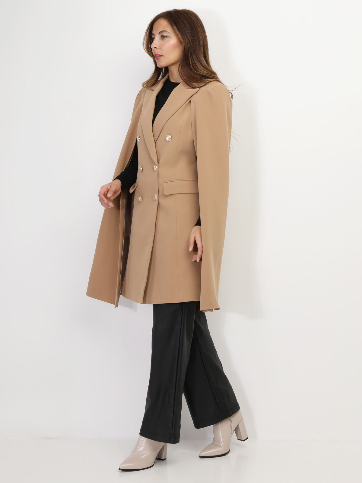 Manteau cape à boutons officier- Taupe