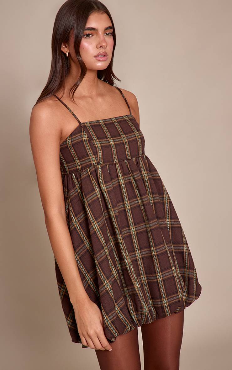 Marron Robe Bouffante À Bretelles À Carreaux