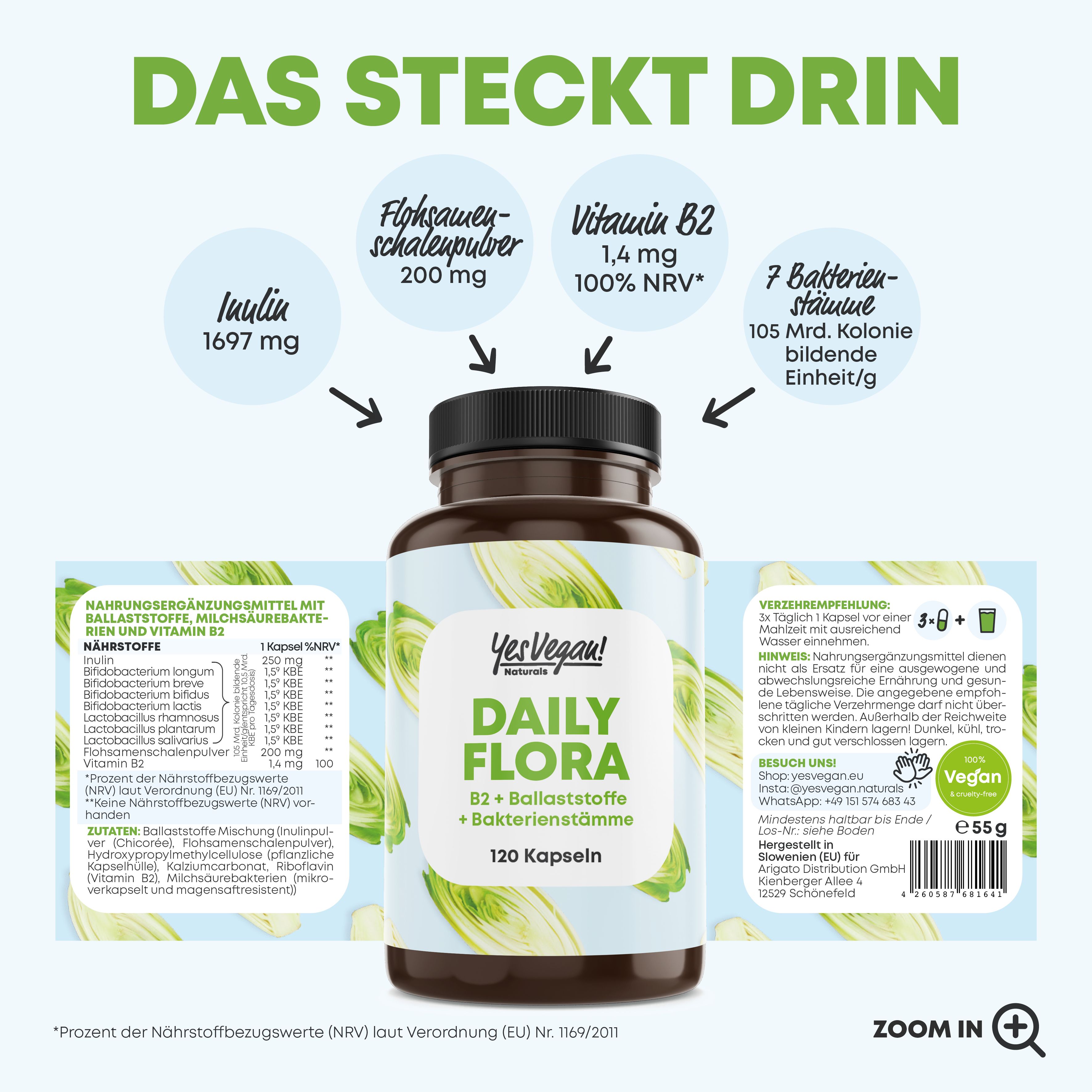 Yes Vegan® Daily Flora (120 Kapseln) Kulturen Komplex mit B2 - 7 Bakterienstämme PREMIUM