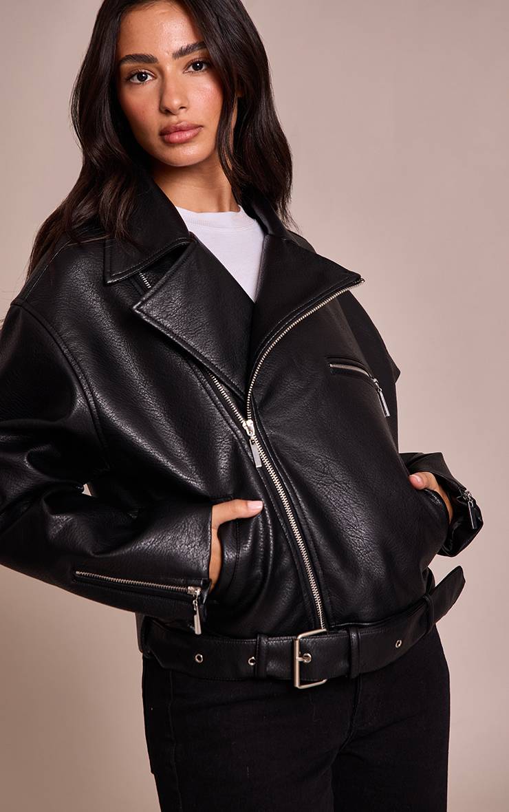 Noir Petite Veste De Motard Oversize En Synthétique