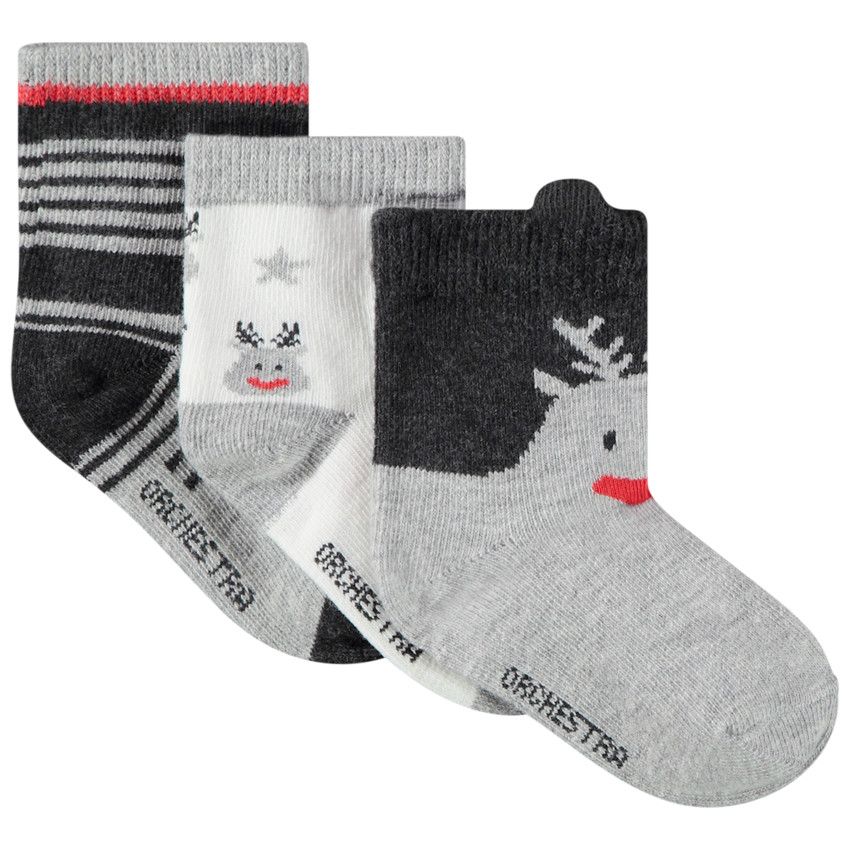Lot de 3 paires de chaussettes esprit de Noël pour bébé garçon - Gris chiné