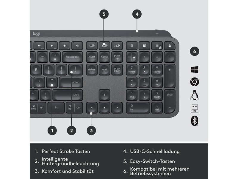 Logitech Tastatur Mx Keys for Business Komfortable Business-Tastatur mit «Logitech Flow»-Technologie und Logi Bolt Empfänger