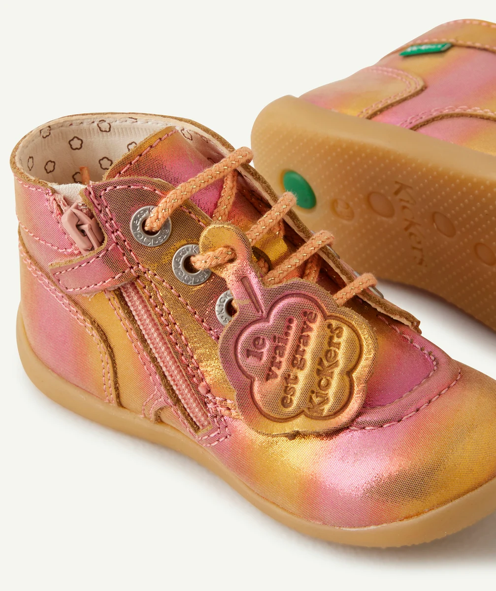 KICKERSBOTTINES BÉBÉ FILLE BONZIP ROSE EN CUIR MULTICOLORE AVEC LACETS