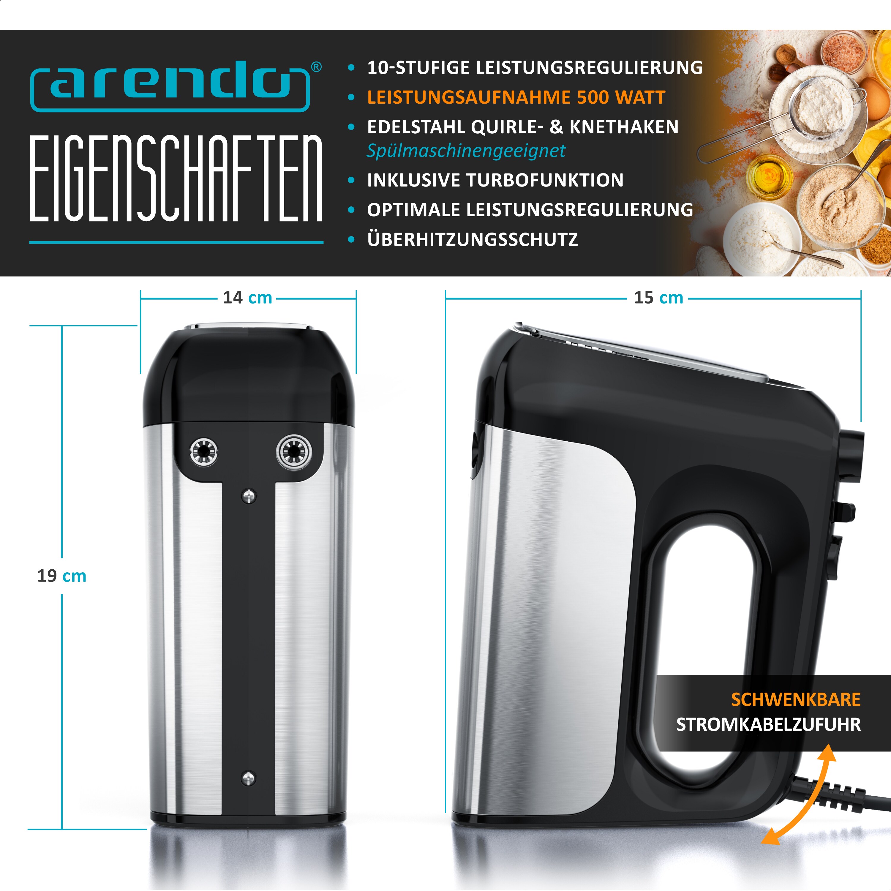 Arendo Elektrischer Handmixer Handrührer - inkl. 2 Quirle und 2 Knethaken aus Edelstahl - Handrührgerät - Hakenentriegelung - Turbotaste