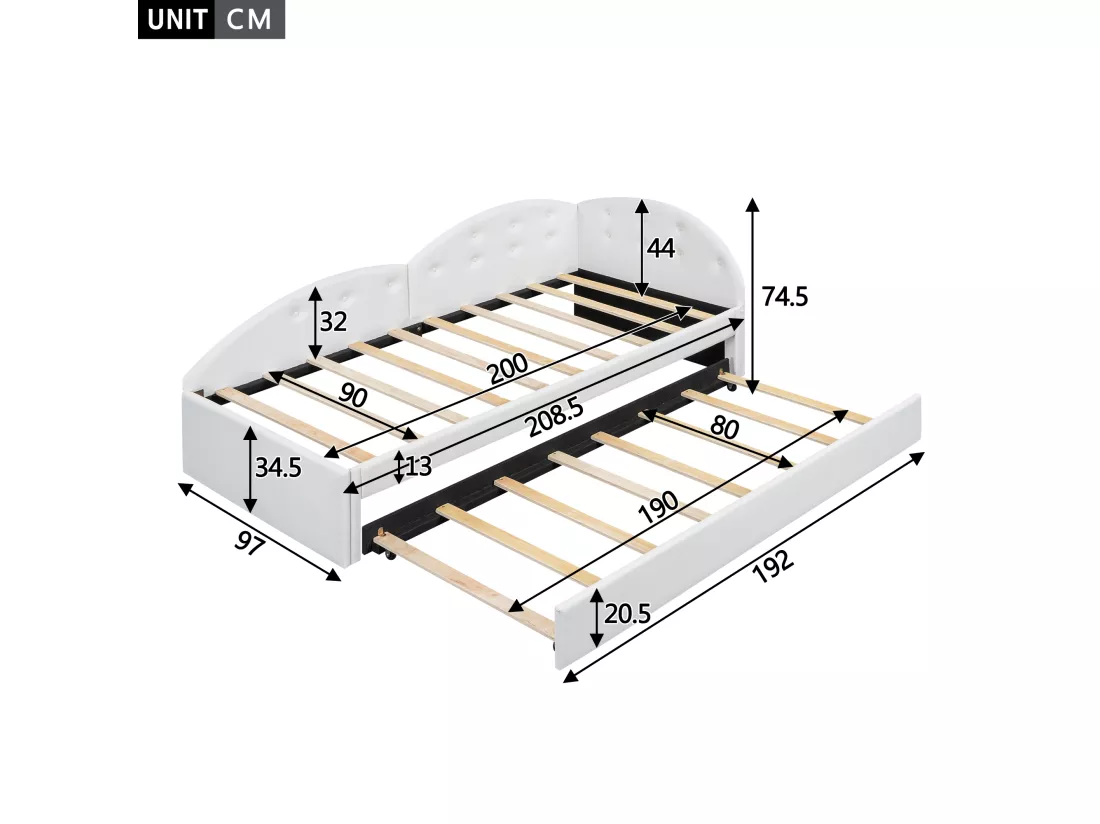 Lit gigogne 90 x 200 cm + 80 x 190 cm avec tête de lit - Cuir PU - sommier à lattes - coloris blanc