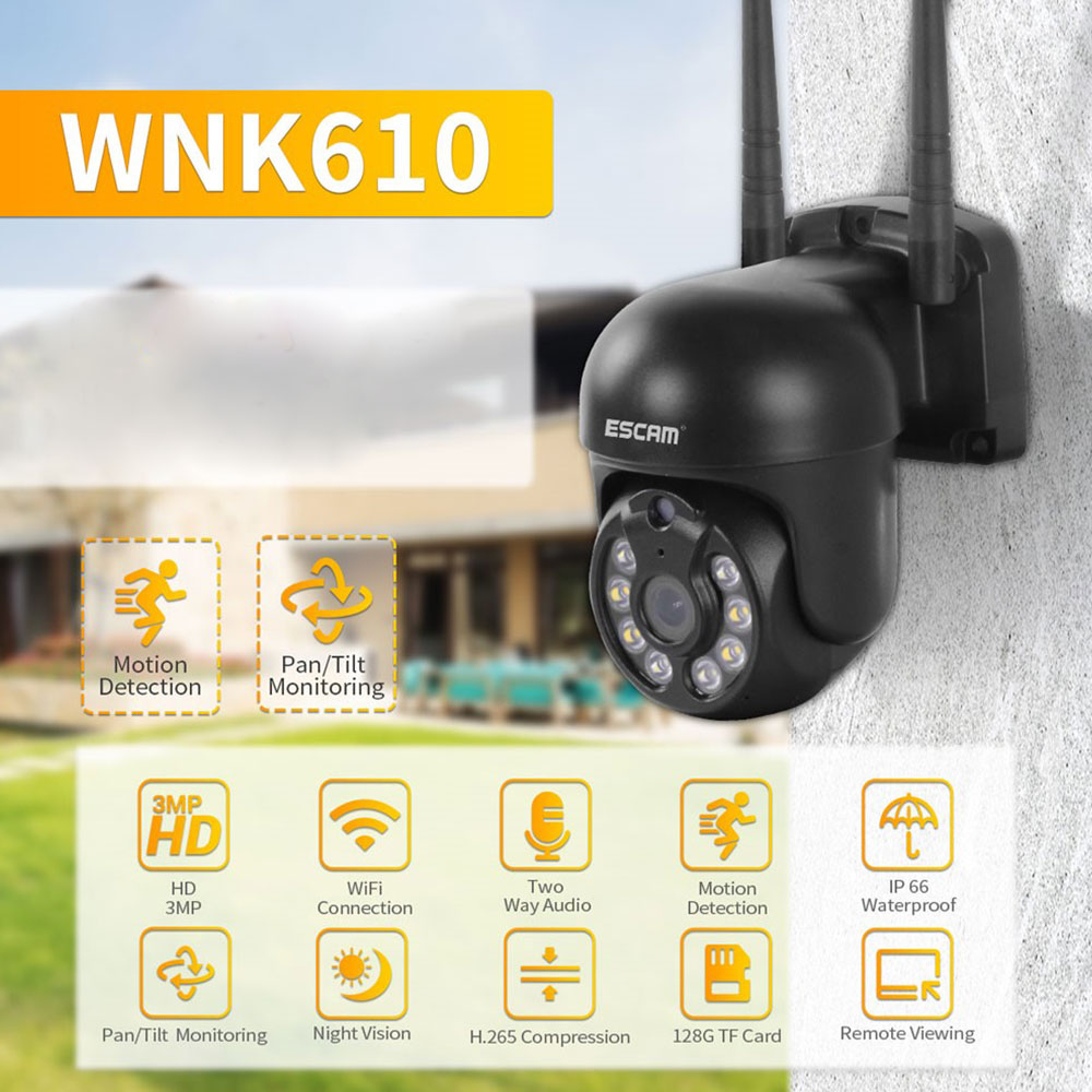 WiFi IP Kamera 3MP 1296p mit Infrarot Nachtsicht / Micro SD und Wandhalterung für iOS/Android (IP66) - Schwarz