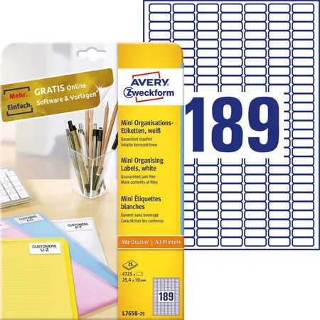 Avery Zweckform L7658-25 Mini-Organisations-Etiketten,A4 25,4 x 10 mm, 25 Bogen/4.725 Etiketten, weiß
