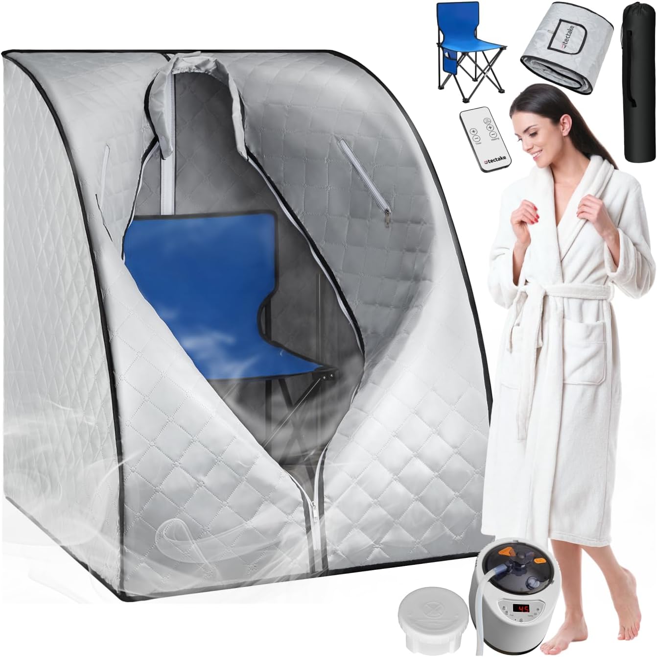 tectake® tragbare Dampfsauna für Zuhause mit 15 Temperaturmodi und Timer, Sauna Zelt für Zuhause, Zeltsauna mit Ofen/Dampfgenerator, Mini Sauna, Wellness für Zuhause, Heimsauna - Silbergrau