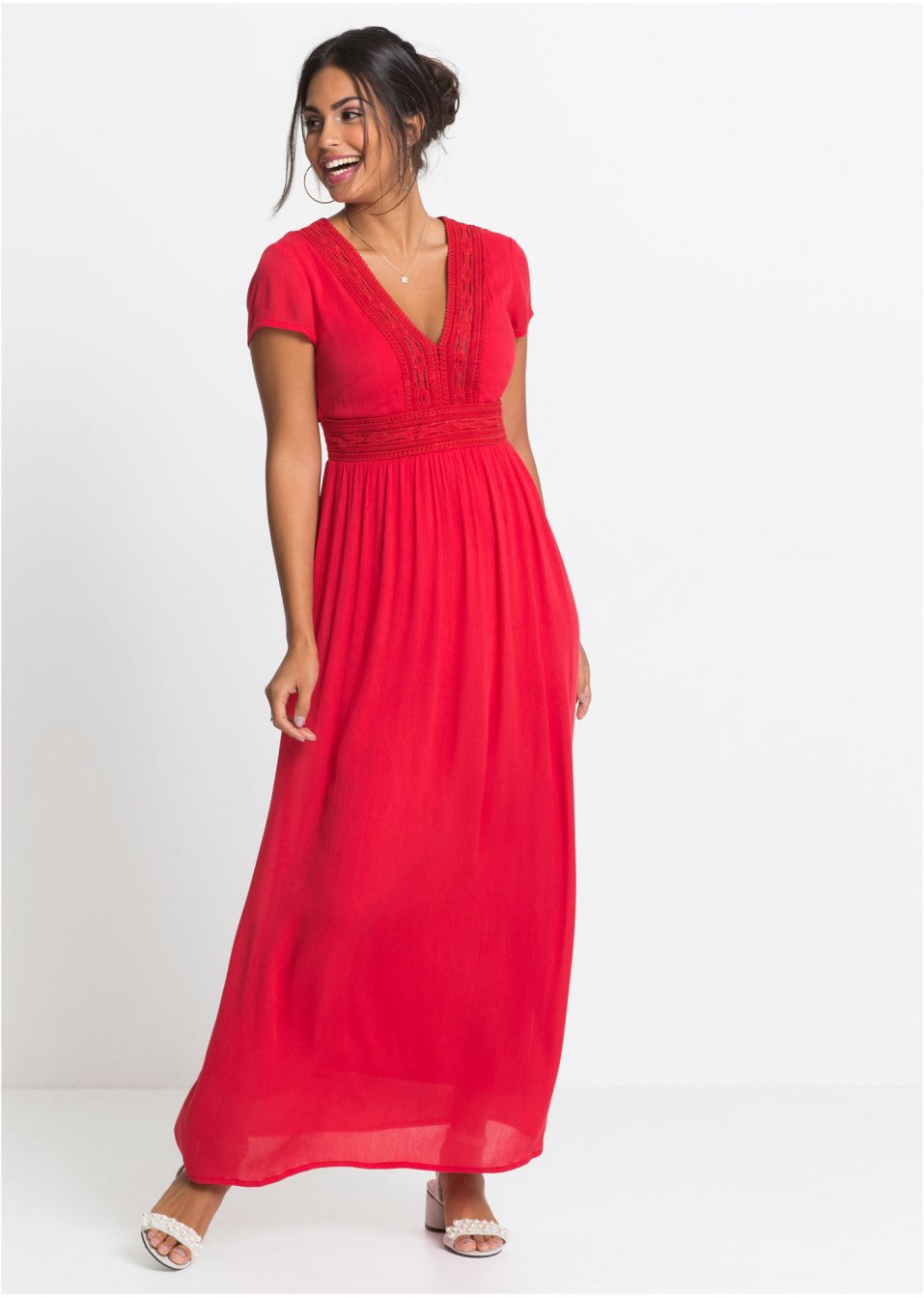 Robe longue estivale à dentelle, taille courte
