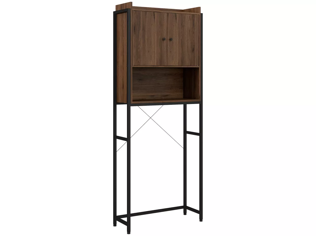 Meuble WC meuble dessus toilettes style industriel 2 portes avec étagère niche acier noir aspect noyer