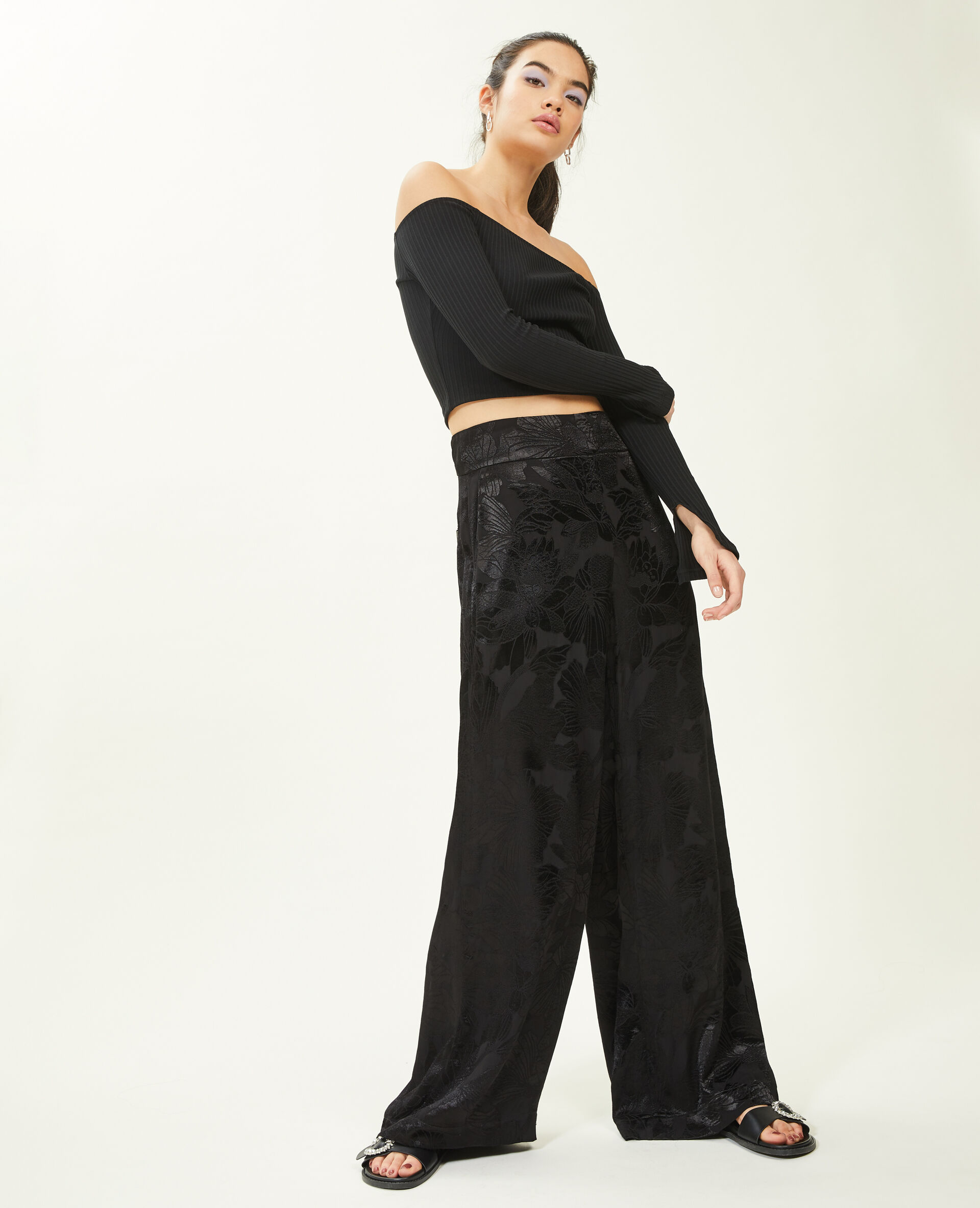 Pantalon large tissu satiné jacquard - Noir