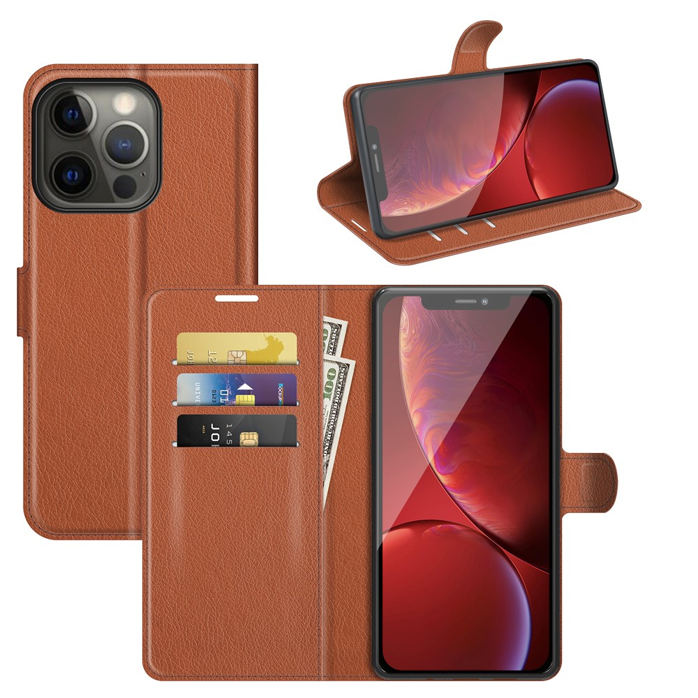 iPhone 13 Pro Leder Tasche Flip Cover Litchi Look - Braun