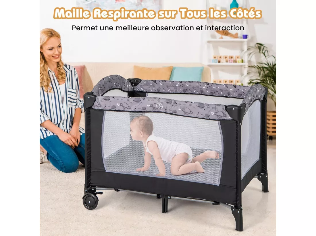 4 en 1 Lit Parapluie Bébé avec Matelas & Table à Langer, Lit Bébé avec 3 Jouets Mignons & Boîte à Musique, Sac de Transport, 102x72cm, Charge 9kg, Gris