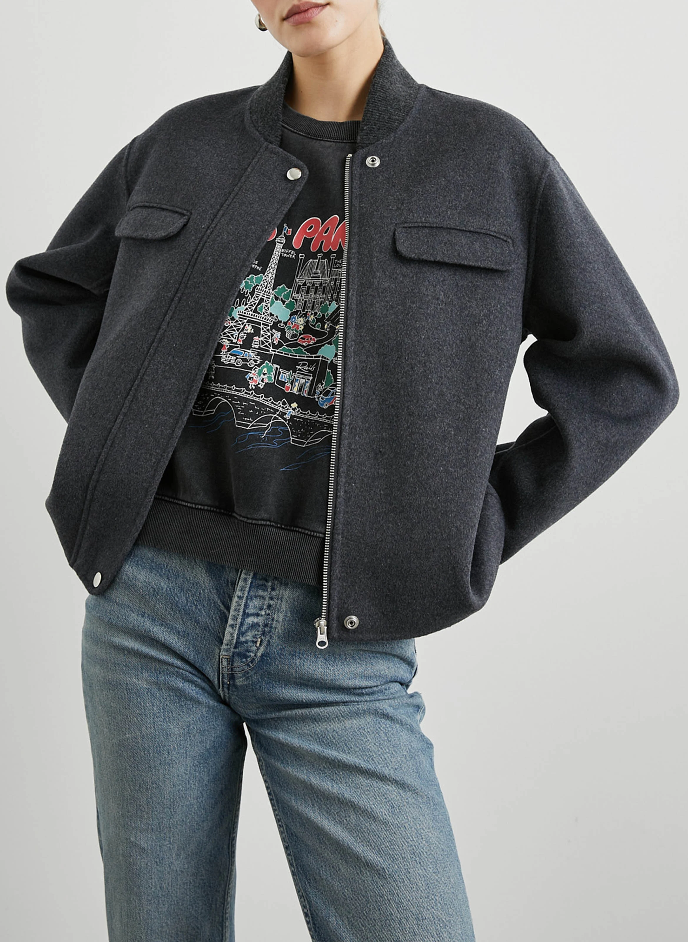 KINSLEY - Blouson col teddy en laine mélangée | Gris