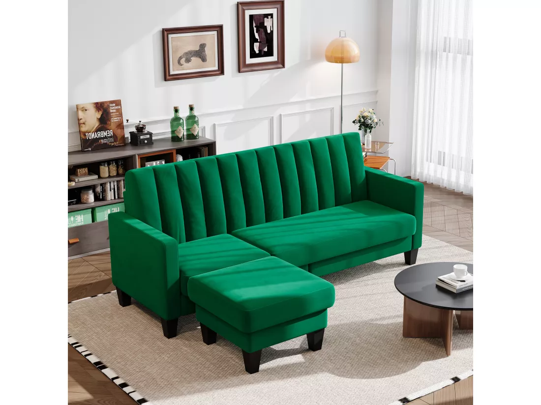 Canapé d'angle 210 CM, fauteuil d'angle réversible, convertible réversible, 3-4 places, Tissu velours à rayures verticales, Vert