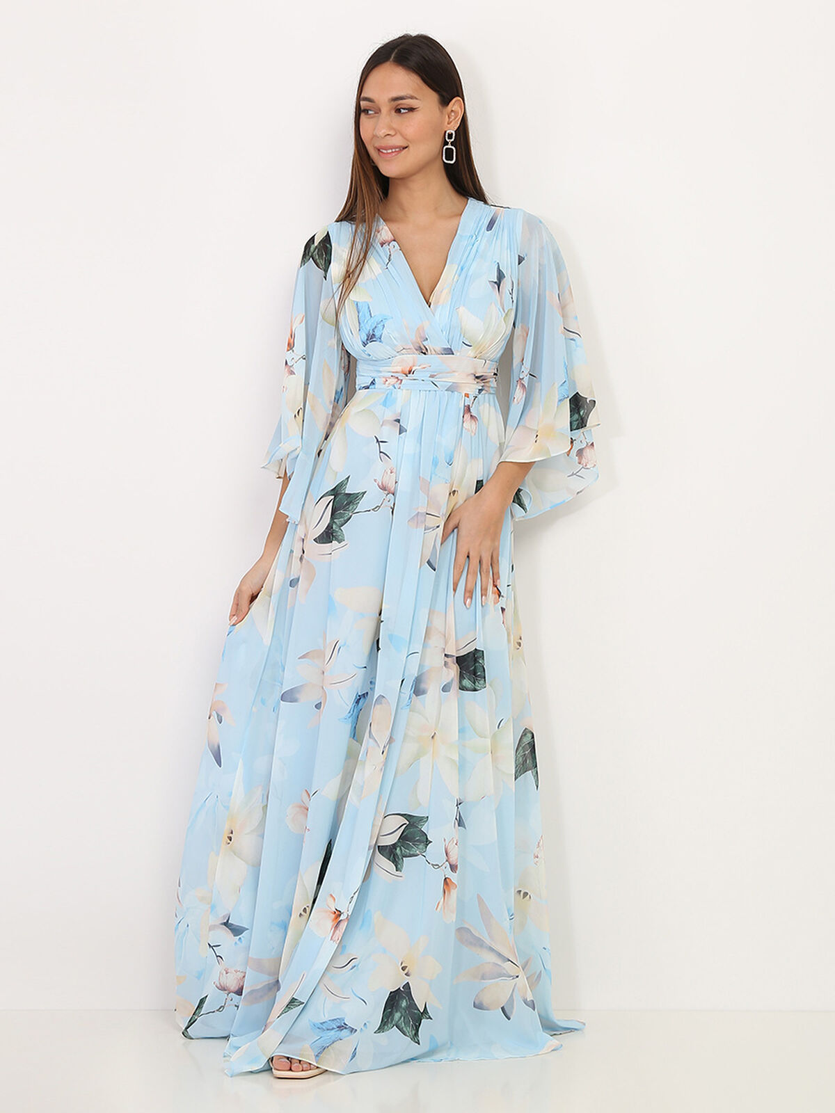 Robe longue plissée à fleurs- Bleu clair