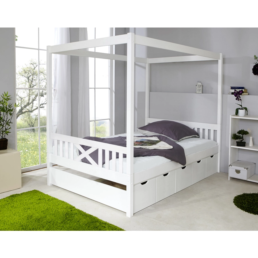 TiCAA Himmelbett Lino weiß mit 5 Schubladen