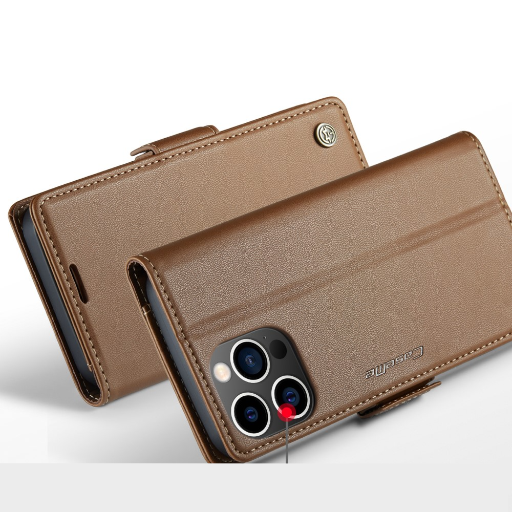 iPhone 16 Pro Leder Tasche Flip Wallet Etui mit Kartenfächern Litchi Look (RFID Schutz) - Braun