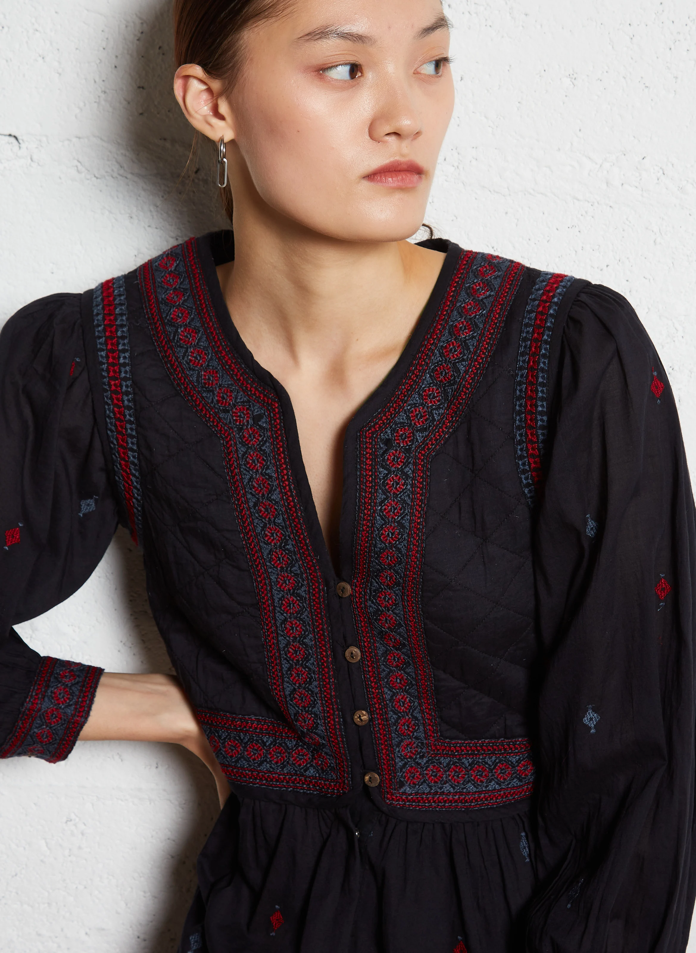 LA BOHÈME DALIDA - Robe longue droite brodée en coton | Bleu
