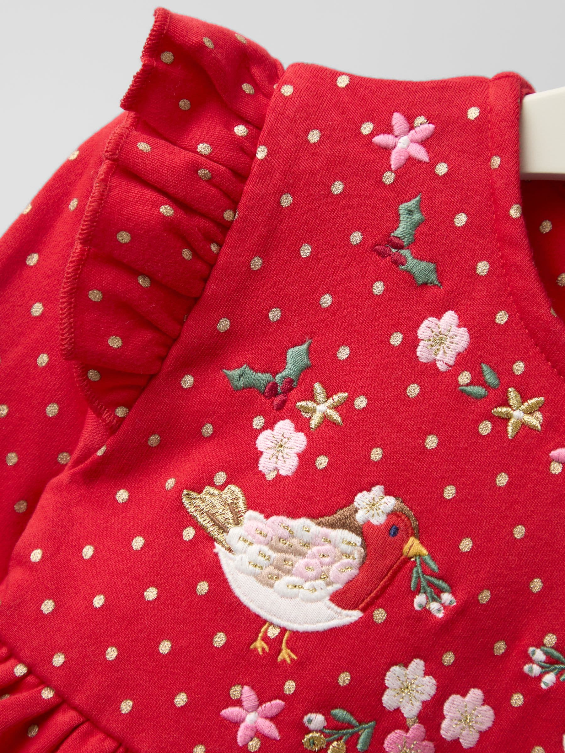 Rood met roodborstje - JoJo Maman Bébé Kerstmis jurk met schouderruches en appliqué