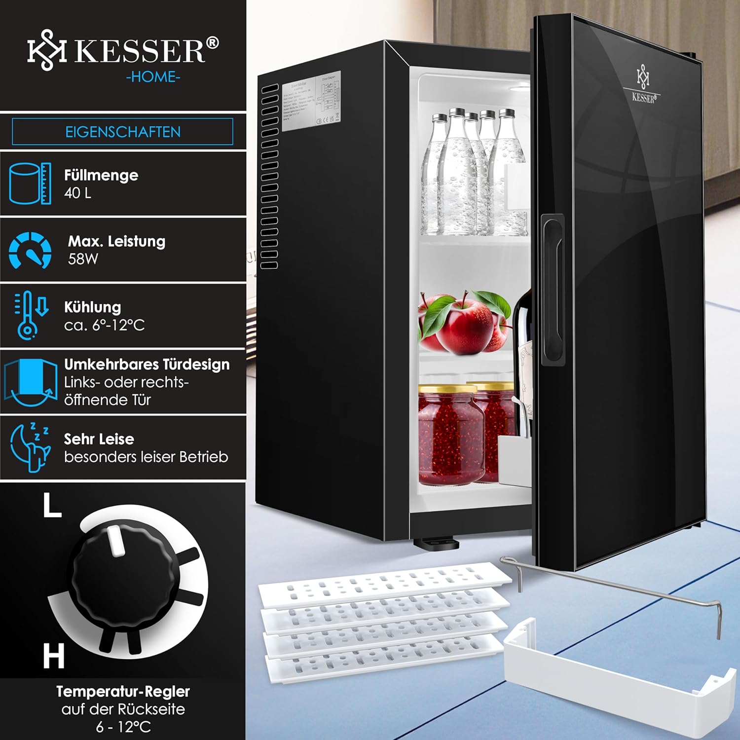 KESSER® Mini réfrigérateur avec Serrure, Mini Bar de 40 l, Silencieux, 22 DB, verrouillable, Chambre à Coucher, butée de Porte Amovible, env. 4 à 16 °C, Hauteur 57 cm, éclairage intérieur