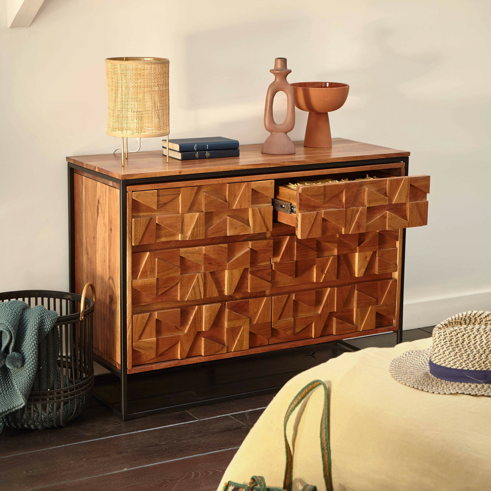 Commode double avec 6 tiroirs en acacia massif