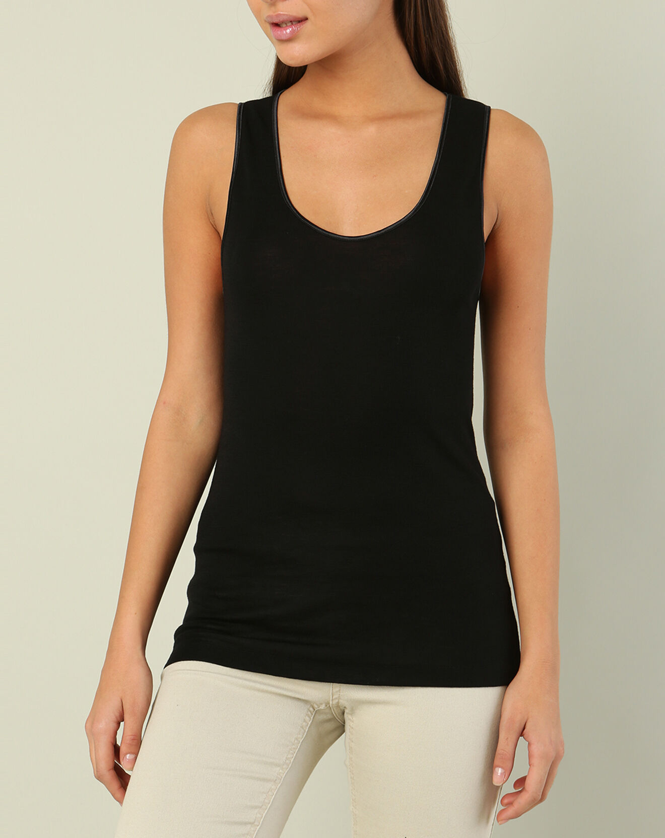 Mare Top sans manches bord satin en Laine & Soie noir