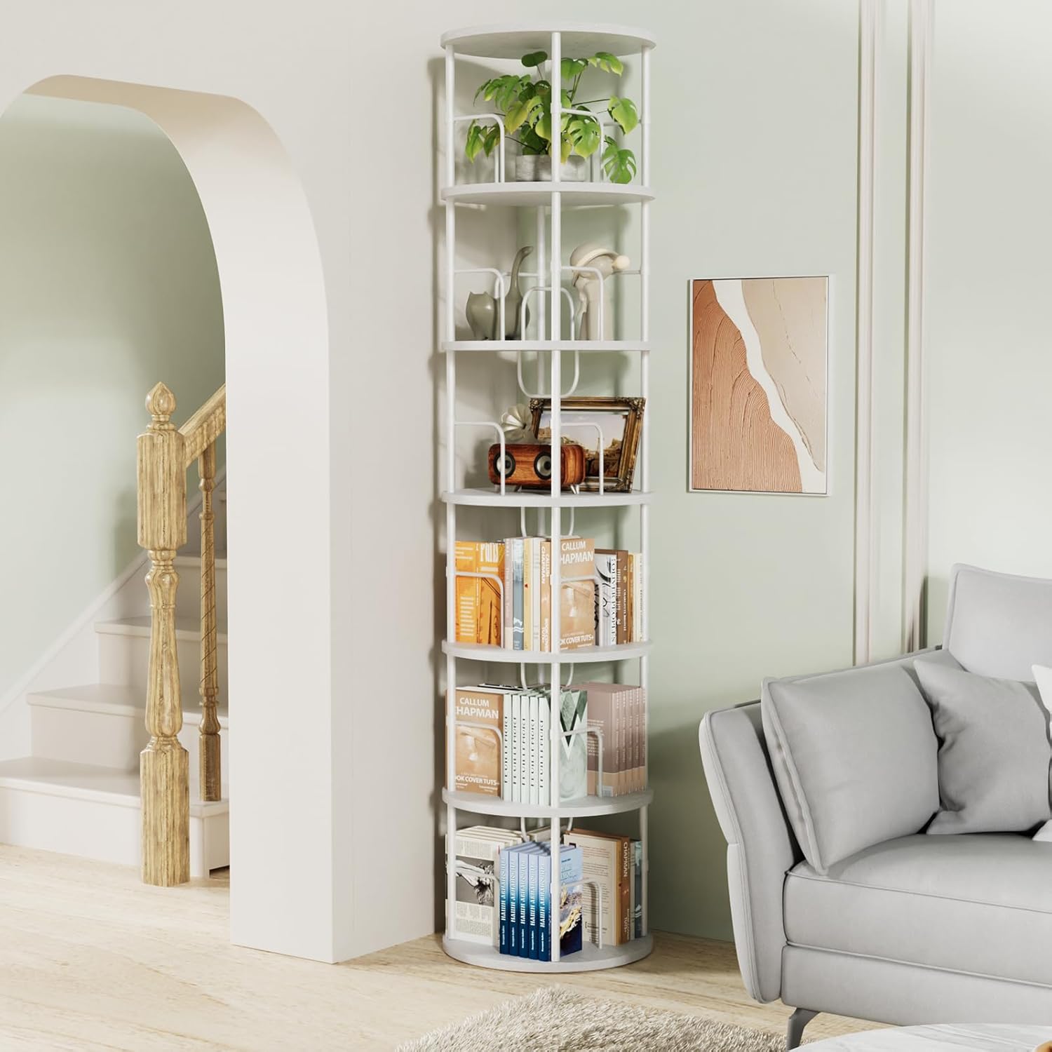 Generisch 360° Drehbares Bücherregal, Bodenstehendes Bücherschrank Aus Holz, Bookshelf Mit 6 Ebenen, Verstellbare Ebenen, Standregal, 45×45×193cm, Weiß OH0228932