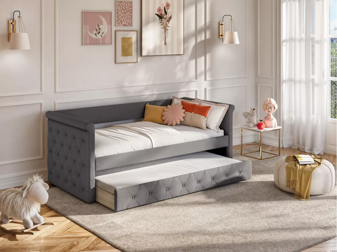 Lit banquette gigogne LOUISE - 2x90x190cm - Tissu gris + matelas