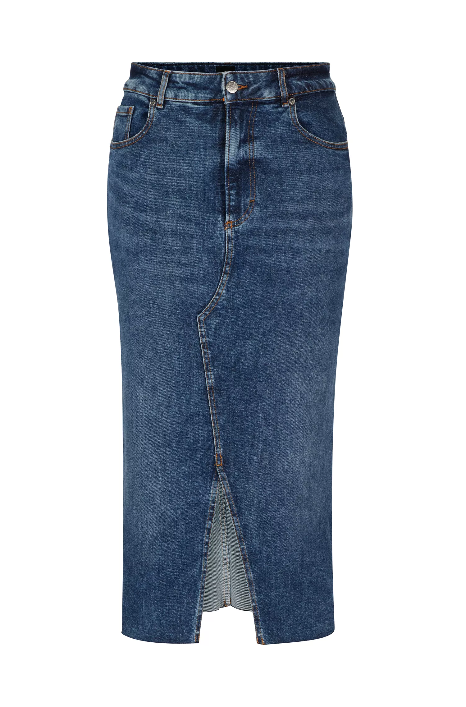 Saia midi BOSS laranja, corte justo, em denim elástico.