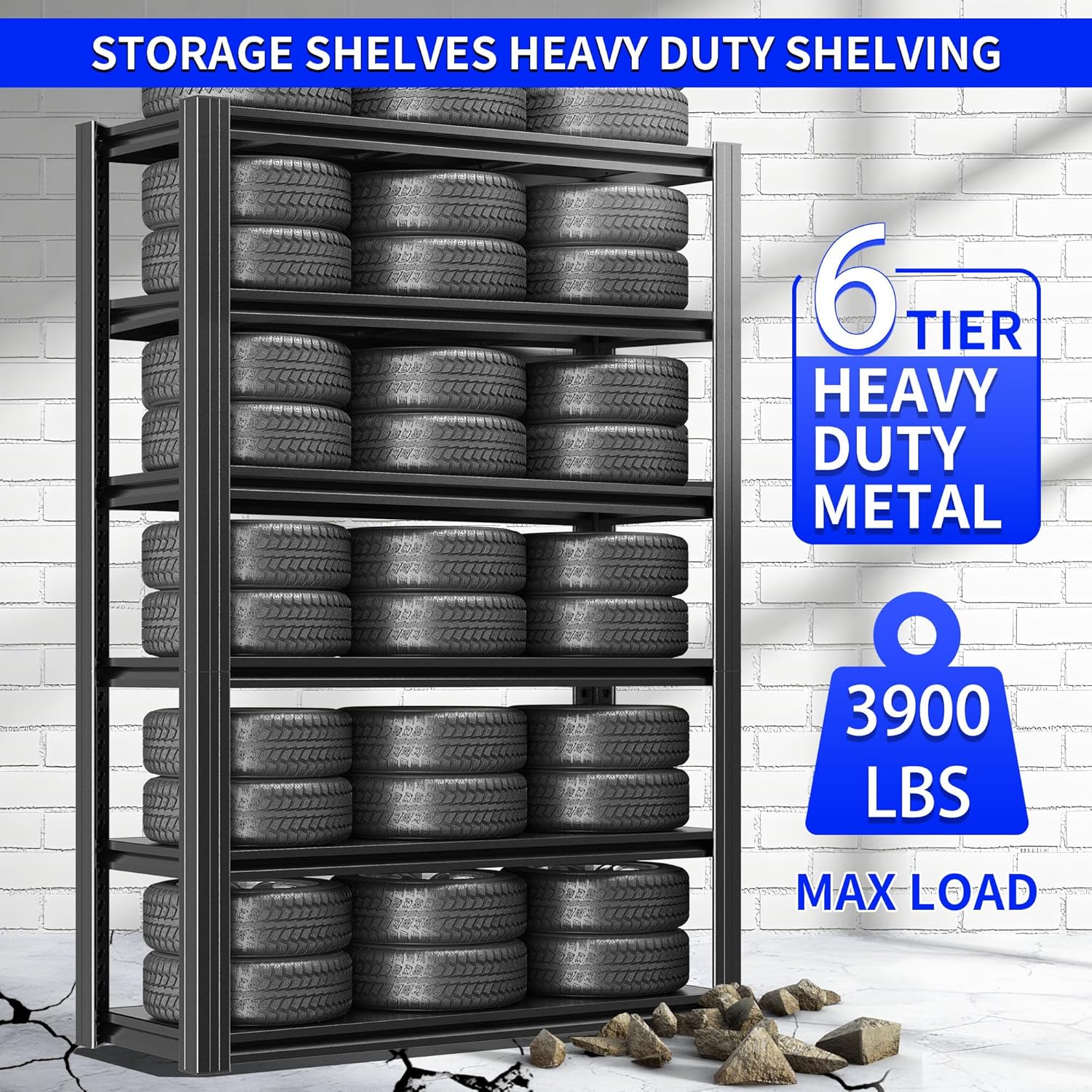 Schwerlastregal, 6 Etagen Lagerregal, Kellerregal Metall, TxBxH 45 x 120 x 210 cm, bis 1200 kg belastbar, Regal für Garage und Abstellraum, Steckregal, Werkstattregal, Schwarz