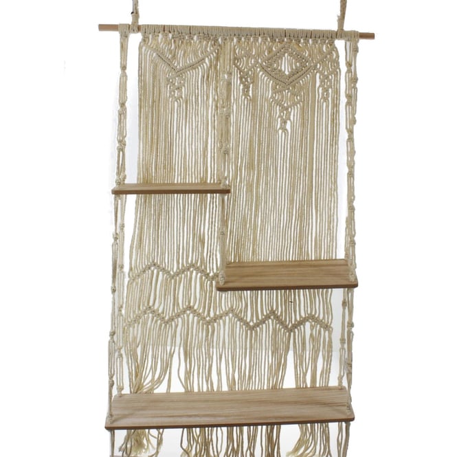 Makrameeregal mit 3 Böden - aus Textil und Holz - ca. 114 x 105 cm