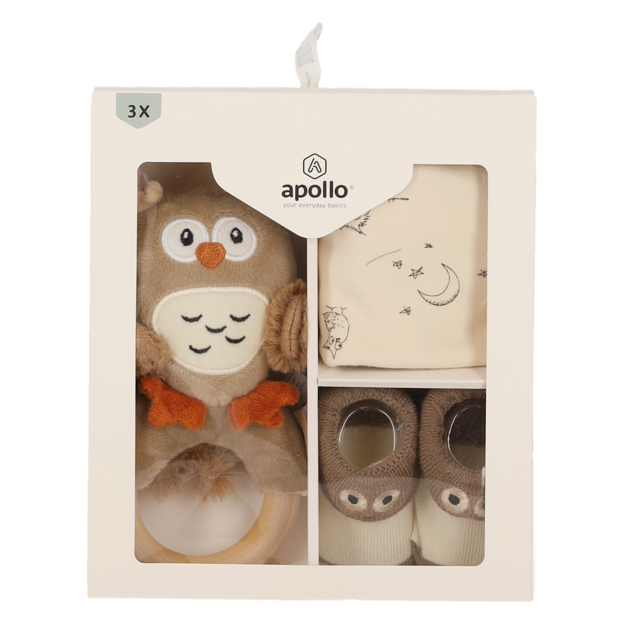 Apollo Neugeborenen-Geschenkset , Babyset, Eule, Lätzchen, Ring, Söckchen