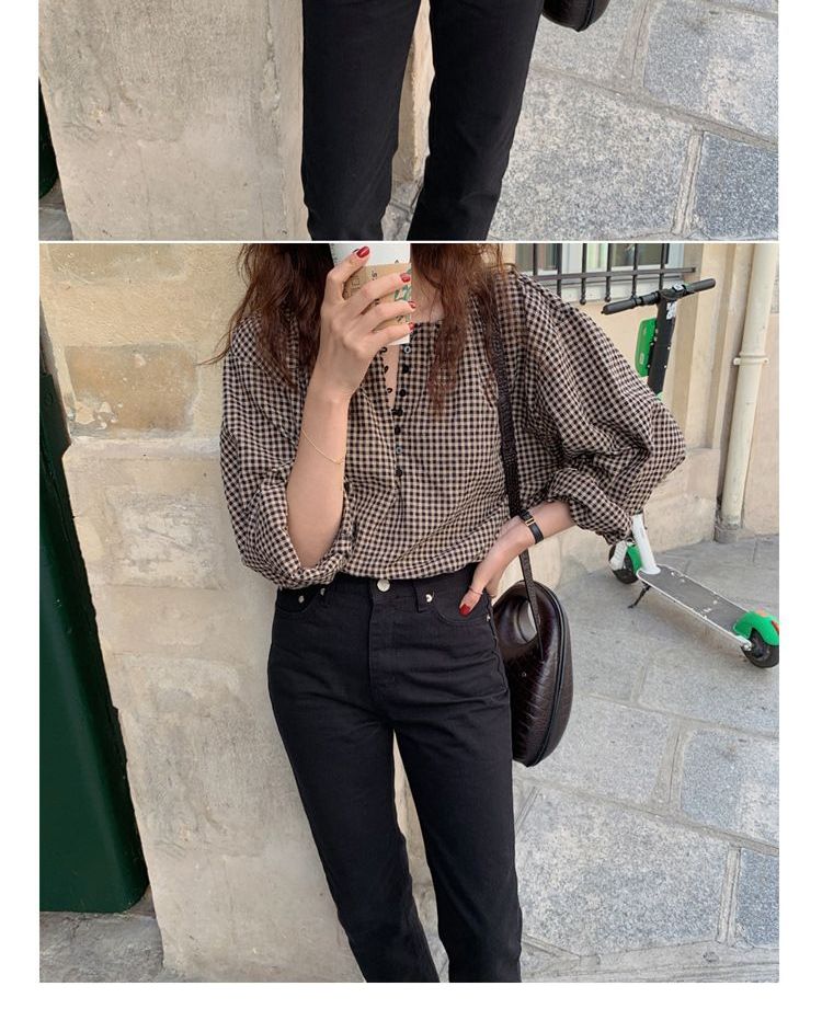 HYAKU - Blouse met lange mouwen, kraag en ruitmotief