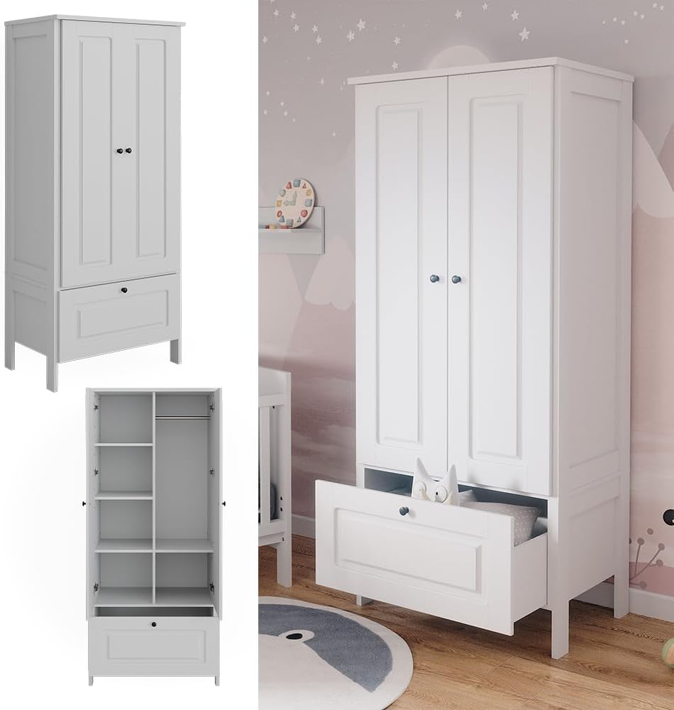 Kinderkleiderschrank Weiß Ajaton - 83x187x53 cm hergestellt aus Spanplatte - Kinderregal für Kinder und Teenager, für eine strukturierte und sichere Lagerung