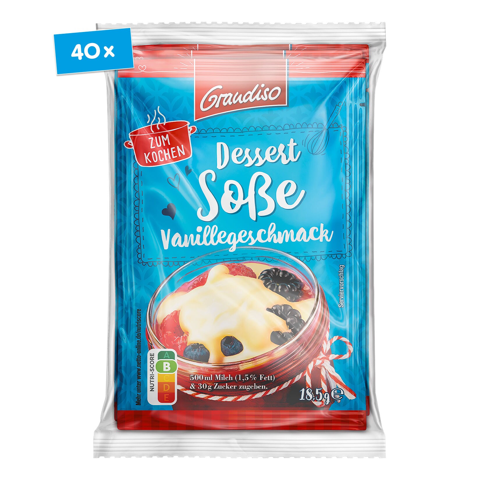Grandiso Dessertsoße Vanillegeschmack für 3 x 500ml Milch, 40er Pack